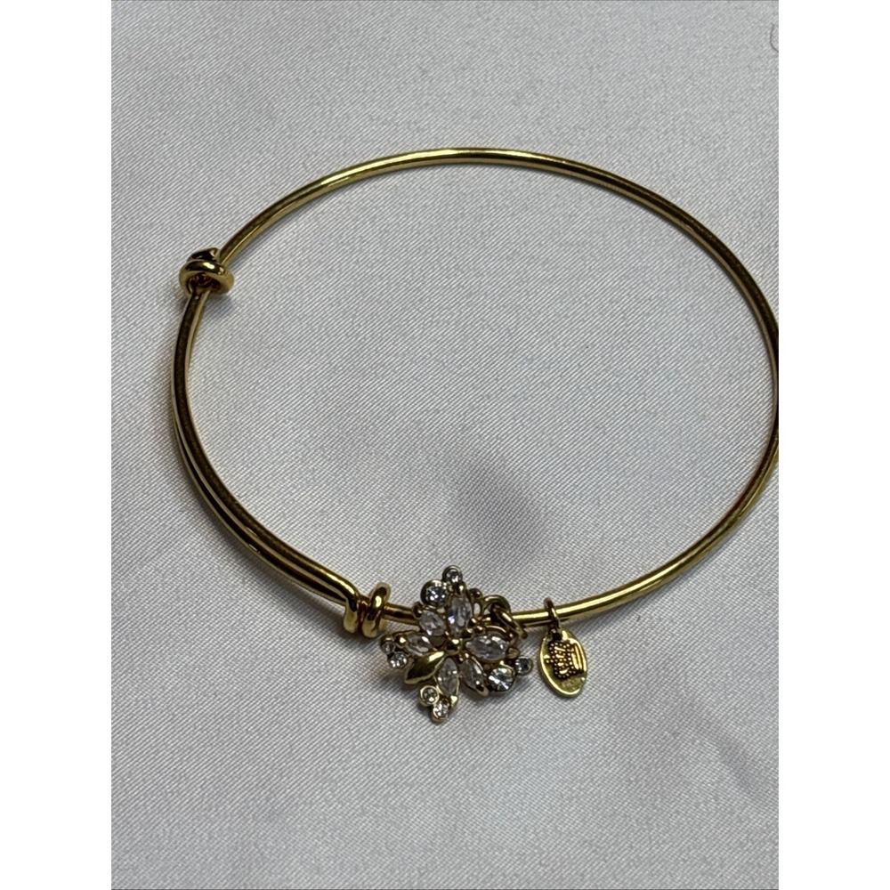 Gold Tone Charm Bangle Bracelet Rhinestone Flower Crown Tag Jewelry